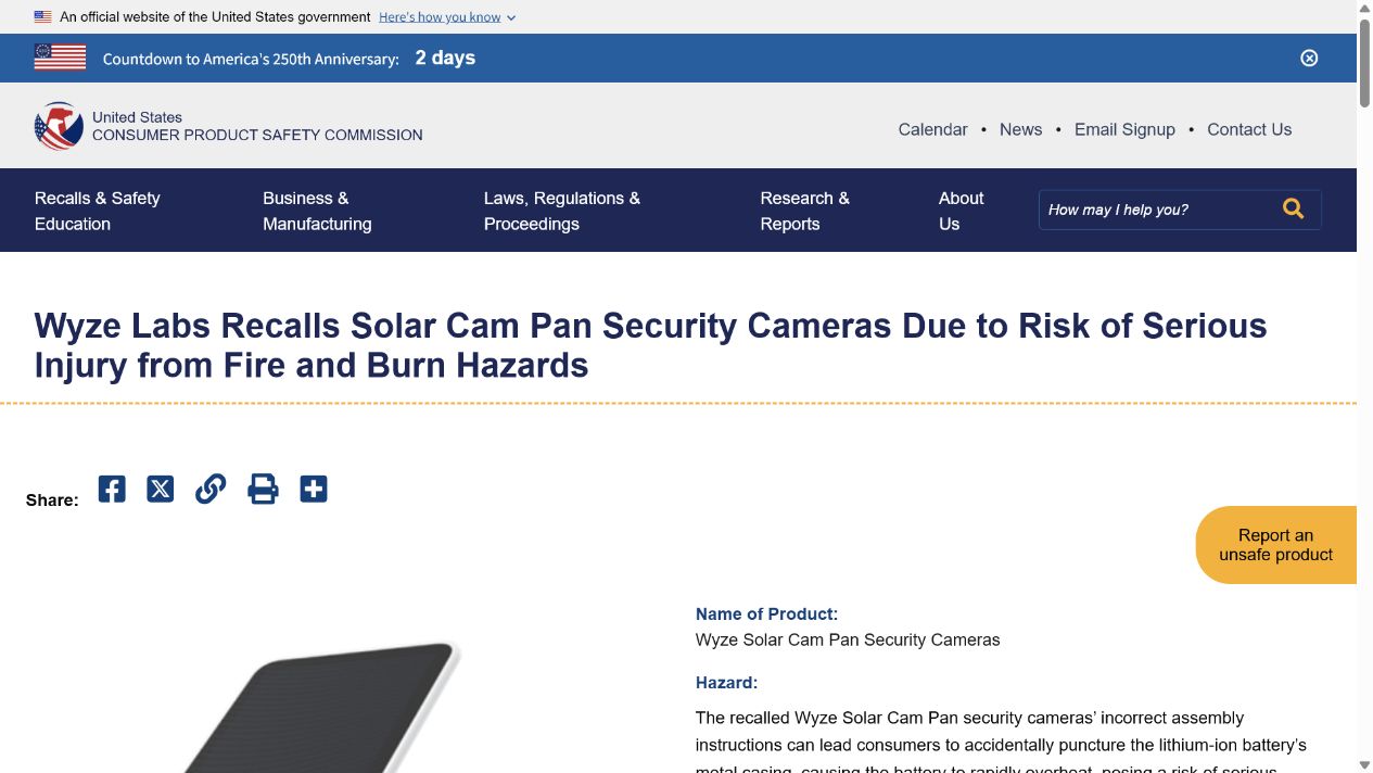 美国消费品安全委员会 Wyze Solar Cam Pan 召回公告截图